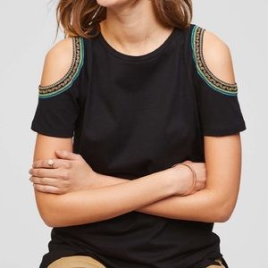 LOFT Black Cold Shoulder Top with Embroidered Trim M